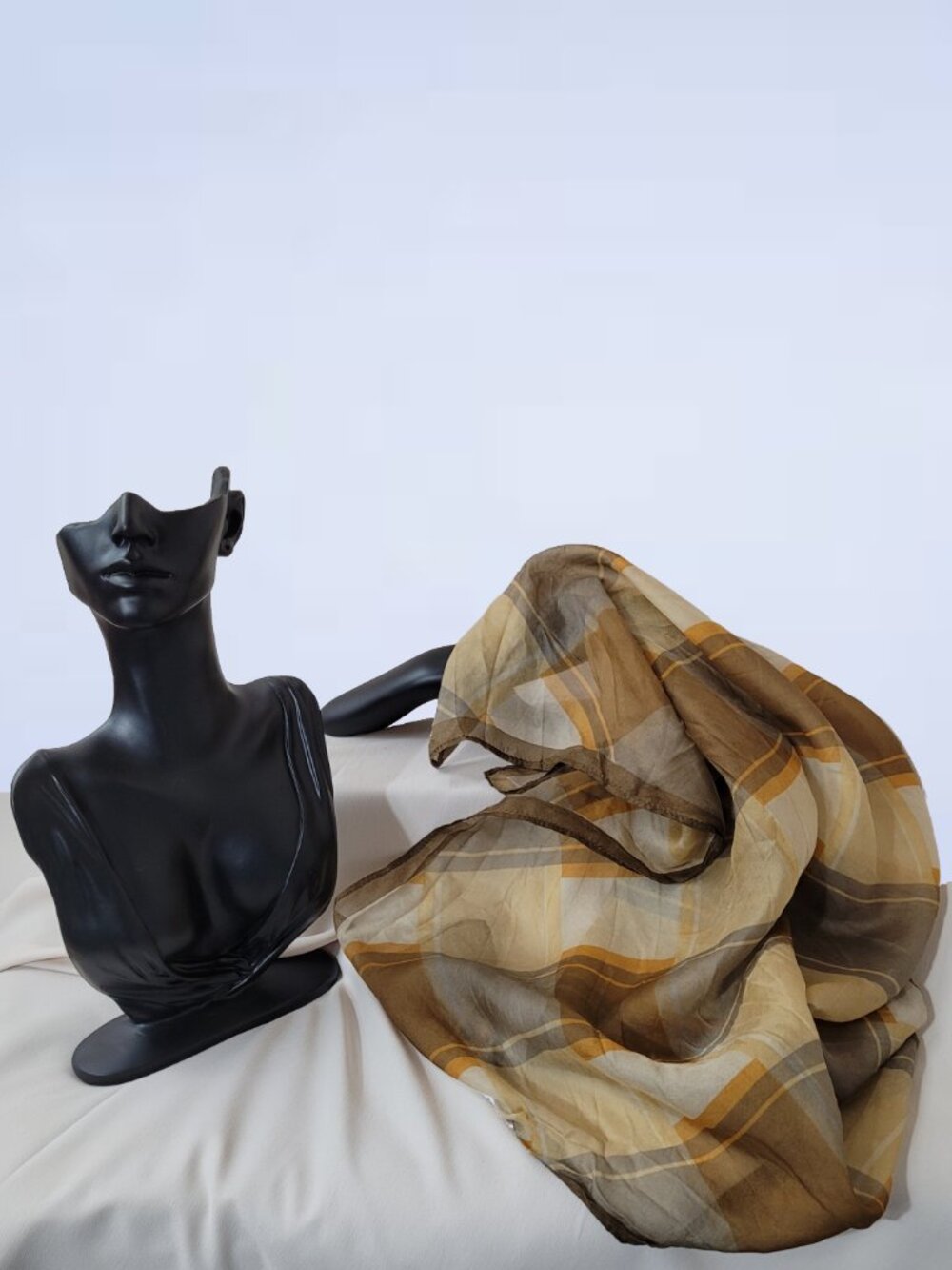 Vintage Silk Plaid Scarf | Earthy Mustard & Gray Checkered Neck Wrap